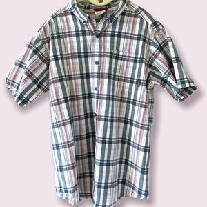 Columbia short sleeve button down shirt L red white and blue